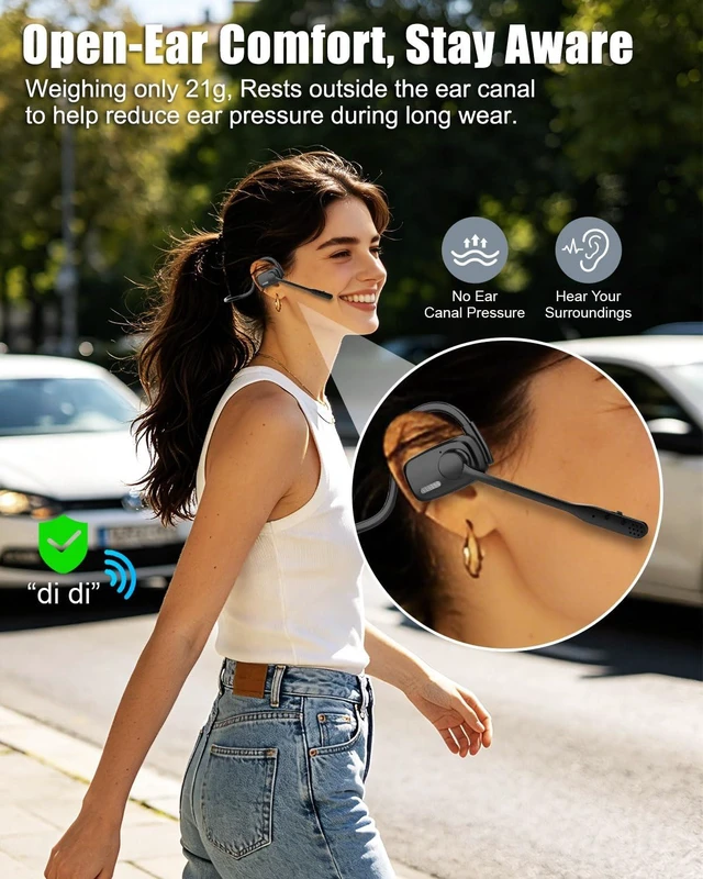 Alt view image 2 of 7 - Wireless Headset with ENC Noise Cancelling Mic, Bluetooth V5.4 Headphones Open Ear Headphones with Mute Button, 12H Playtime, 15.4mm Drivers for Work/Office/Running/Cycling