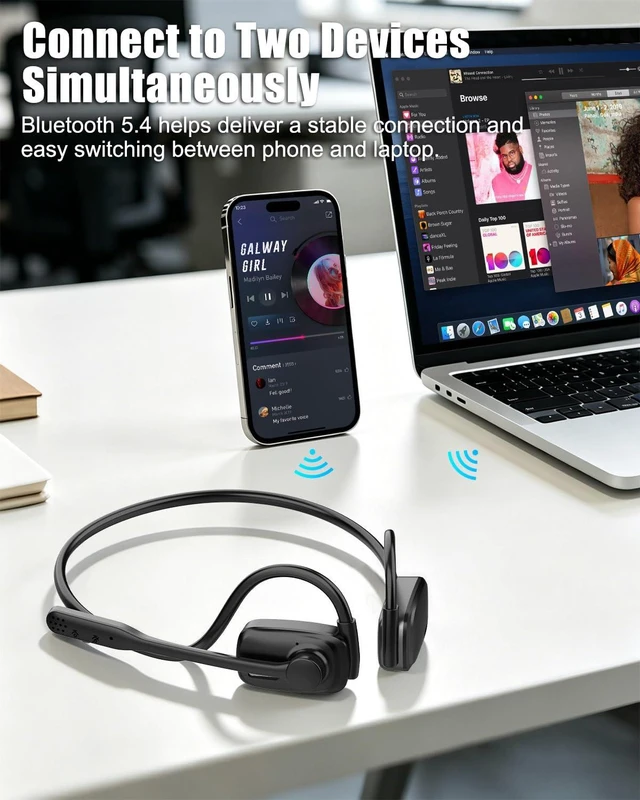 Alt view image 4 of 7 - Wireless Headset with ENC Noise Cancelling Mic, Bluetooth V5.4 Headphones Open Ear Headphones with Mute Button, 12H Playtime, 15.4mm Drivers for Work/Office/Running/Cycling