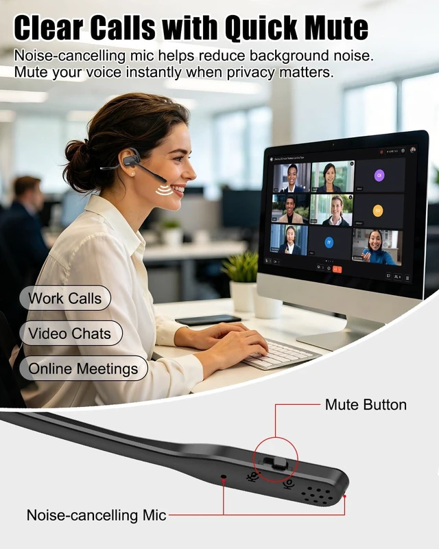 Alt view image 3 of 7 - Wireless Headset with ENC Noise Cancelling Mic, Bluetooth V5.4 Headphones Open Ear Headphones with Mute Button, 12H Playtime, 15.4mm Drivers for Work/Office/Running/Cycling