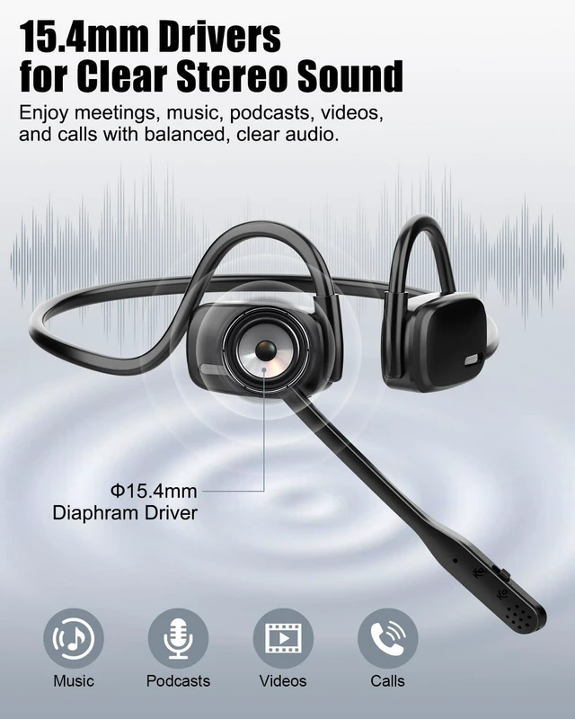 Alt view image 5 of 7 - Wireless Headset with ENC Noise Cancelling Mic, Bluetooth V5.4 Headphones Open Ear Headphones with Mute Button, 12H Playtime, 15.4mm Drivers for Work/Office/Running/Cycling