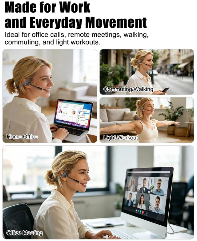 Alt view image 7 of 7 - Wireless Headset with ENC Noise Cancelling Mic, Bluetooth V5.4 Headphones Open Ear Headphones with Mute Button, 12H Playtime, 15.4mm Drivers for Work/Office/Running/Cycling
