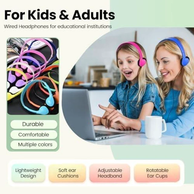Alt view image 2 of 7 - 8 Pack Bulk Kids Headphones Wired for School Classroom Student Testing Group 3.5mm Jack 4FT Anti-Tangle Cord Comfort Lightweight Multi-Colors