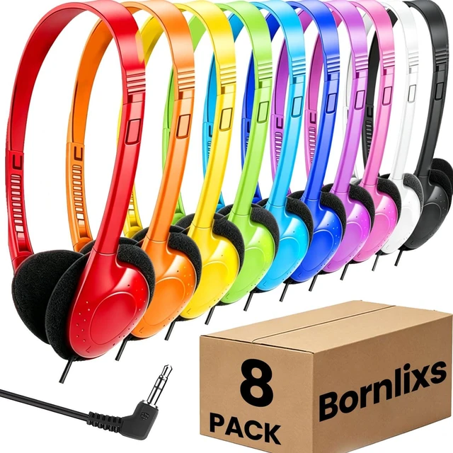 Main image of 8 Pack Bulk Kids Headphones Wired for School Classroom Student Testing Group 3.5mm Jack 4FT Anti-Tangle Cord Comfort Lightweight Multi-Colors