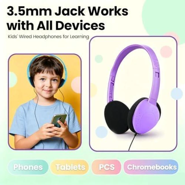 Alt view image 3 of 7 - 8 Pack Bulk Kids Headphones Wired for School Classroom Student Testing Group 3.5mm Jack 4FT Anti-Tangle Cord Comfort Lightweight Multi-Colors