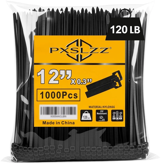 Main image of 12 Inch Zip Ties,120LBS,0.3In Thick, 1000Pack, Black Cable Ties Self-Locking,Premium Nylon 66,120LBS Tensile Strength,UV&Weather Resistant,Indoor Outdoor General Use