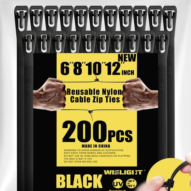 Main image of Reusable Zipties Self-locking Nylon Ties 200 pcs Releasable Adjustable Zip Ties 6+8+10+12 Inch UV Resistant for Indoor or Outdoor Use, Non Slip Off Heavy Duty Electrical Cable Ties