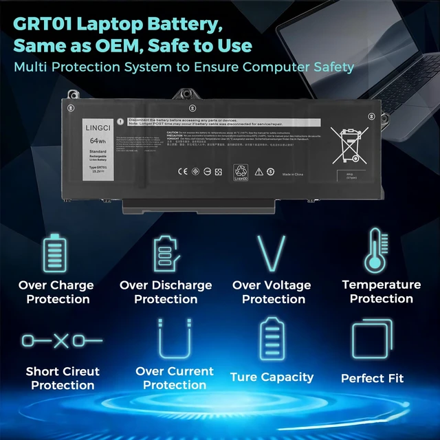 Alt view image 3 of 7 - GRT01 Battery Replacement for Dell Latitude 5421 5431 5521 5531 Precision 3470 3561 3571 3581 3591 Mobile Workstation Alienware m17 R5 AMD Gaming 00P3TJ 0P3TJ 0R05P0 05RGW 64Wh 15.2V