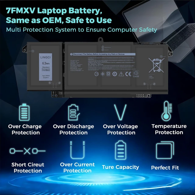 Alt view image 2 of 7 - 7FMXV Battery Replacement for Dell Latitude 5320 7320 7420 7520 Latitude 5320 2-in-1/7320 2-in-1/7420 2-in-1 P133G P134G P135G P136G P138G P139G P110F TN2GY 9JM71 4M1JN 1PP63 63Wh