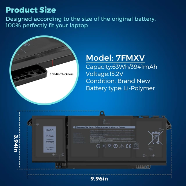 Alt view image 3 of 7 - 7FMXV Battery Replacement for Dell Latitude 5320 7320 7420 7520 Latitude 5320 2-in-1/7320 2-in-1/7420 2-in-1 P133G P134G P135G P136G P138G P139G P110F TN2GY 9JM71 4M1JN 1PP63 63Wh