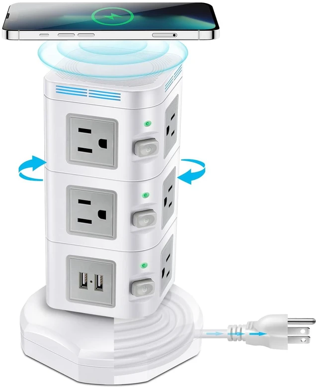 Main image of Power Strip with 1800J Surge Protector, USB Port and Multi-Outlets(3-Tier) 15W Wireless Charger 4 USB Ports + 10 Outlets + 6 Feet Retractable Extension Cord, Charging Tower for Home Office Dorm