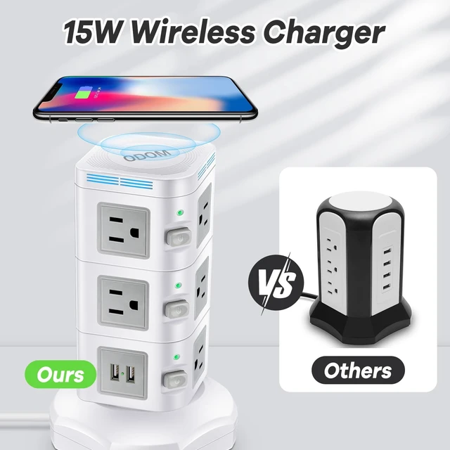 Alt view image 2 of 7 - Power Strip with 1800J Surge Protector, USB Port and Multi-Outlets(3-Tier) 15W Wireless Charger 4 USB Ports + 10 Outlets + 6 Feet Retractable Extension Cord, Charging Tower for Home Office Dorm