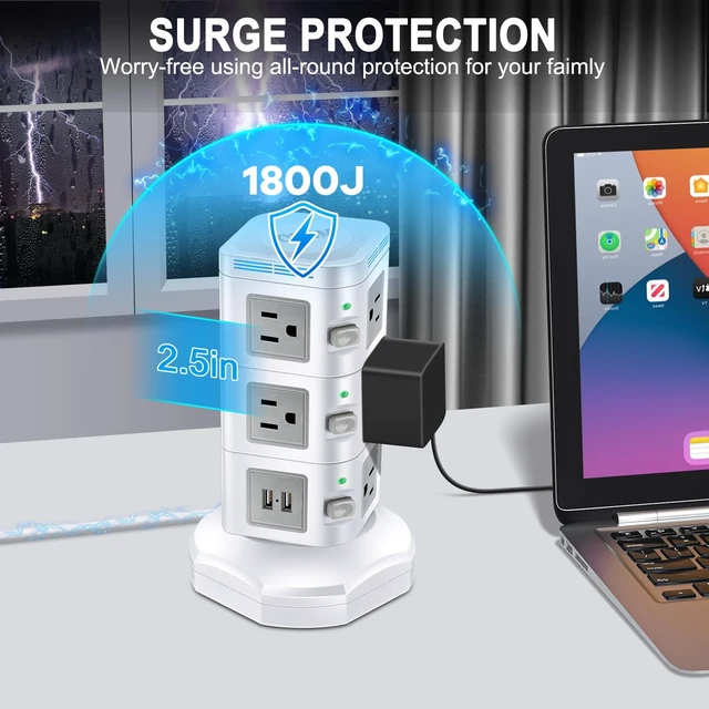 Alt view image 3 of 7 - Power Strip with 1800J Surge Protector, USB Port and Multi-Outlets(3-Tier) 15W Wireless Charger 4 USB Ports + 10 Outlets + 6 Feet Retractable Extension Cord, Charging Tower for Home Office Dorm