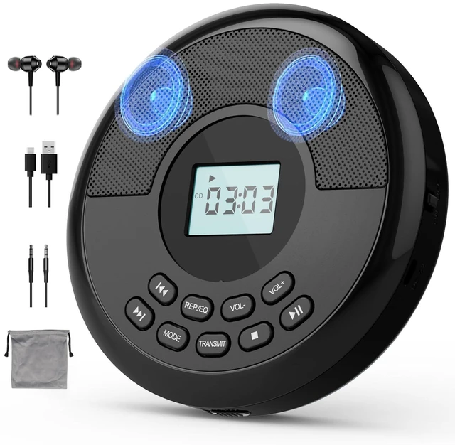 Main image of Portable CD Player with Speakers and Bluetooth, Black Rechargeable Discman, Headphones Included, Anti-Skip Protection, CD/MP3/USB/BT Transmit/AUX, Car Connection