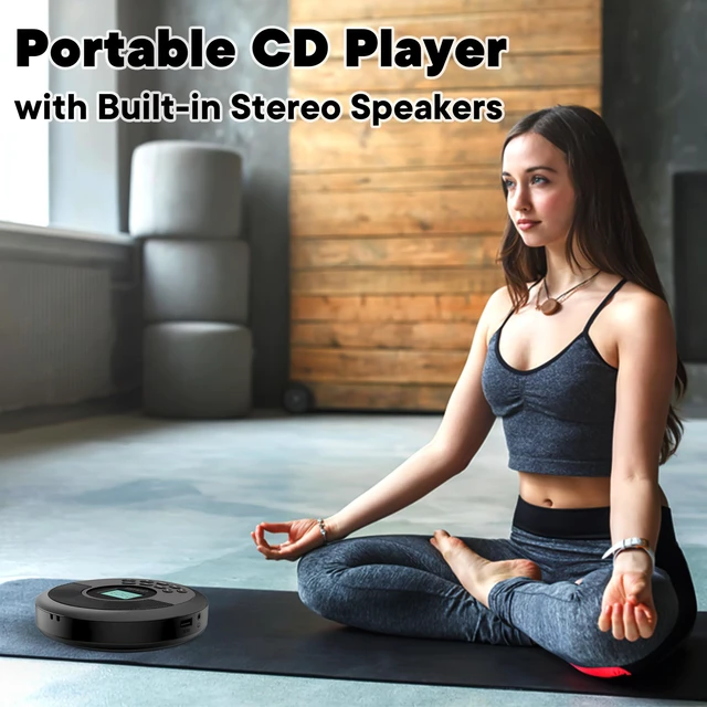 Alt view image 2 of 7 - Portable CD Player with Speakers and Bluetooth, Black Rechargeable Discman, Headphones Included, Anti-Skip Protection, CD/MP3/USB/BT Transmit/AUX, Car Connection