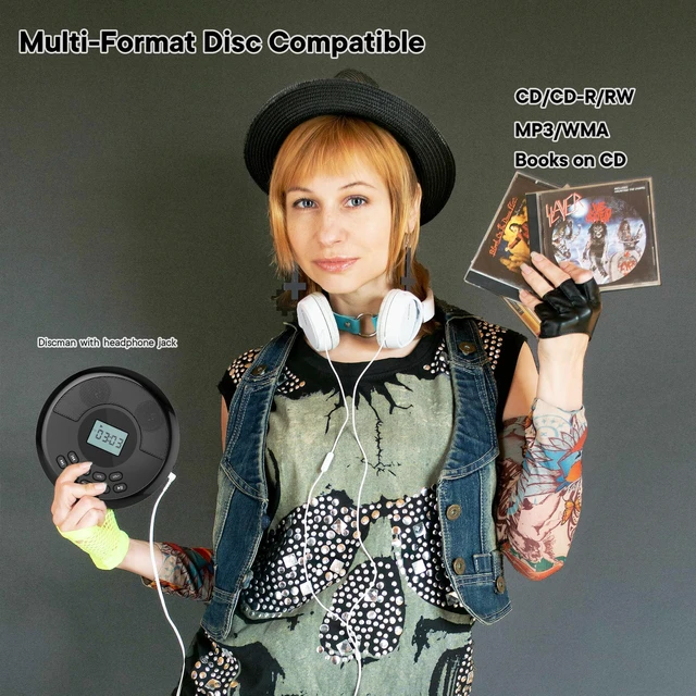 Alt view image 3 of 7 - Portable CD Player with Speakers and Bluetooth, Black Rechargeable Discman, Headphones Included, Anti-Skip Protection, CD/MP3/USB/BT Transmit/AUX, Car Connection