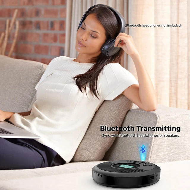 Alt view image 4 of 7 - Portable CD Player with Speakers and Bluetooth, Black Rechargeable Discman, Headphones Included, Anti-Skip Protection, CD/MP3/USB/BT Transmit/AUX, Car Connection