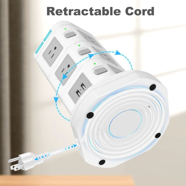Alt view image 4 of 7 - Power Strip with 1800J Surge Protector, USB Port and Multi-Outlets(3-Tier) 15W Wireless Charger 4 USB Ports + 10 Outlets + 6 Feet Retractable Extension Cord, Charging Tower for Home Office Dorm