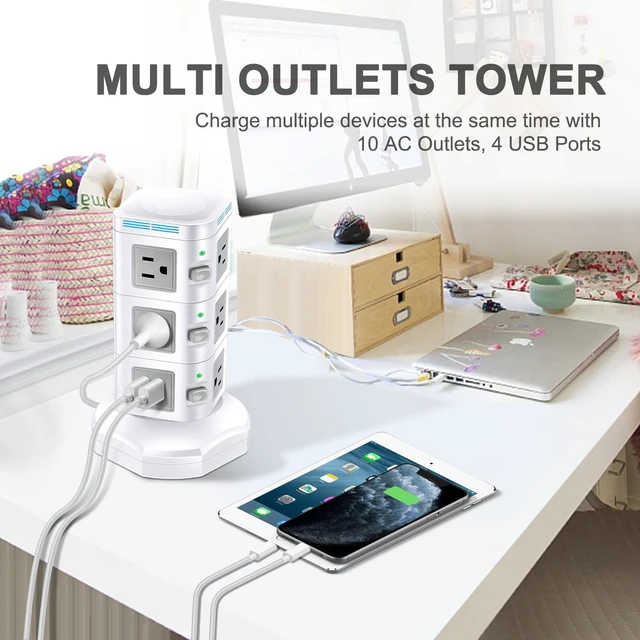 Alt view image 6 of 7 - Power Strip with 1800J Surge Protector, USB Port and Multi-Outlets(3-Tier) 15W Wireless Charger 4 USB Ports + 10 Outlets + 6 Feet Retractable Extension Cord, Charging Tower for Home Office Dorm