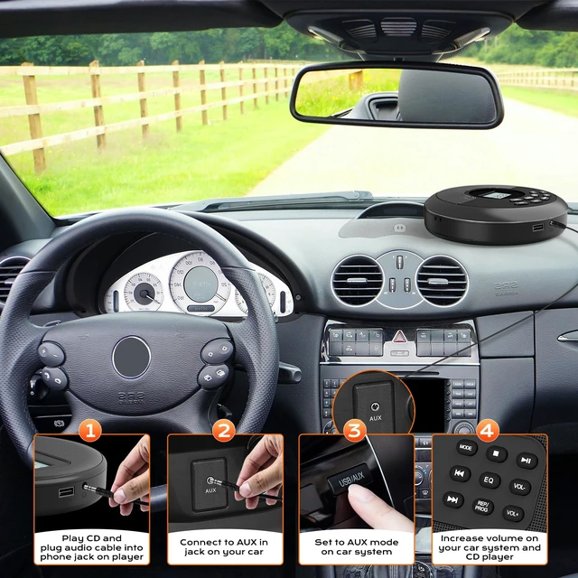 Alt view image 6 of 7 - Portable CD Player with Speakers and Bluetooth, Black Rechargeable Discman, Headphones Included, Anti-Skip Protection, CD/MP3/USB/BT Transmit/AUX, Car Connection