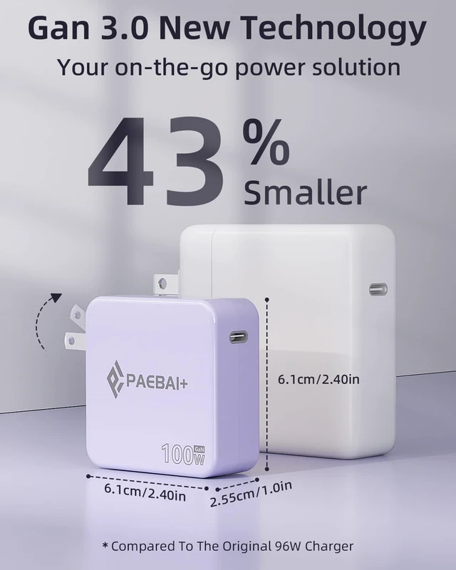 Alt view image 3 of 7 - 100W USB C Charger GaN Foldable Compact Wall Fast Charger for MacBook Pro MacBook Air, Dell XPS, iPhone 16 15 Series, Samsung Galaxy, iPad Pro and All USB-C Devices, 6.6ft Type C Cable