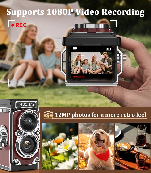Alt view image 5 of 7 - CHUZHAO Digital Camera Retro: Portable TLR Style Twin-Lens Vintage Camera, 12MP Autofocus 1080P FHD Point and Shoot Pocket Vlogging Retro Digital Cameras with16 GB Card for Beginners Boys Girls (Red)