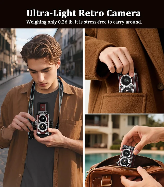 Alt view image 6 of 7 - CHUZHAO Digital Camera Retro: Portable TLR Style Twin-Lens Vintage Camera, 12MP Autofocus 1080P FHD Point and Shoot Pocket Vlogging Retro Digital Cameras with16 GB Card for Beginners Boys Girls (Red)