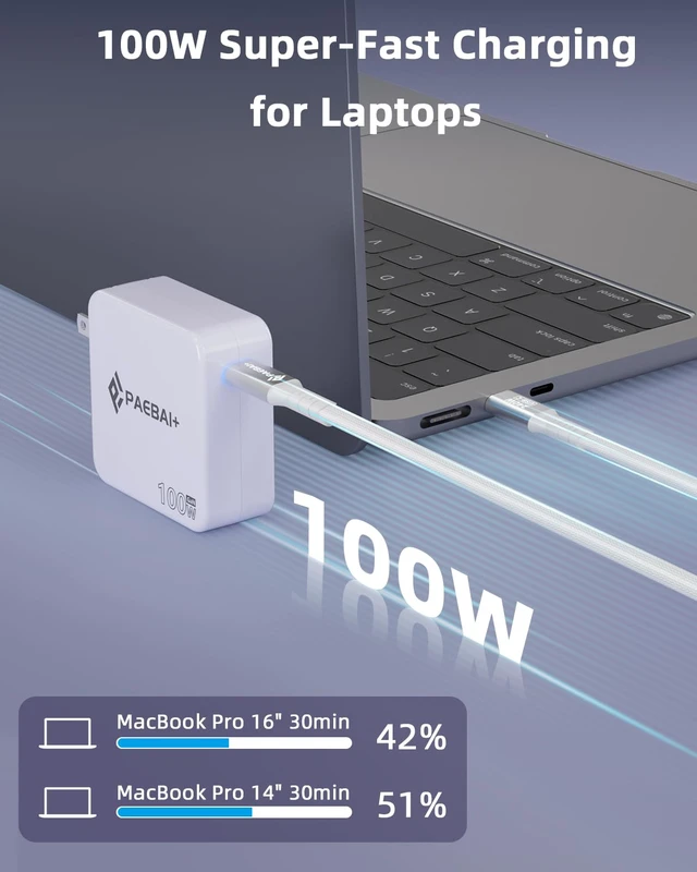 Alt view image 2 of 7 - Mac Book Pro Charger 100W USB C Charger GaN Foldable Compact Wall Fast Charger for MacBook Air, iPhone 16 15 Series, Samsung Galaxy, iPad Pro and All USB-C Devices, 6.6ft Type C Cable