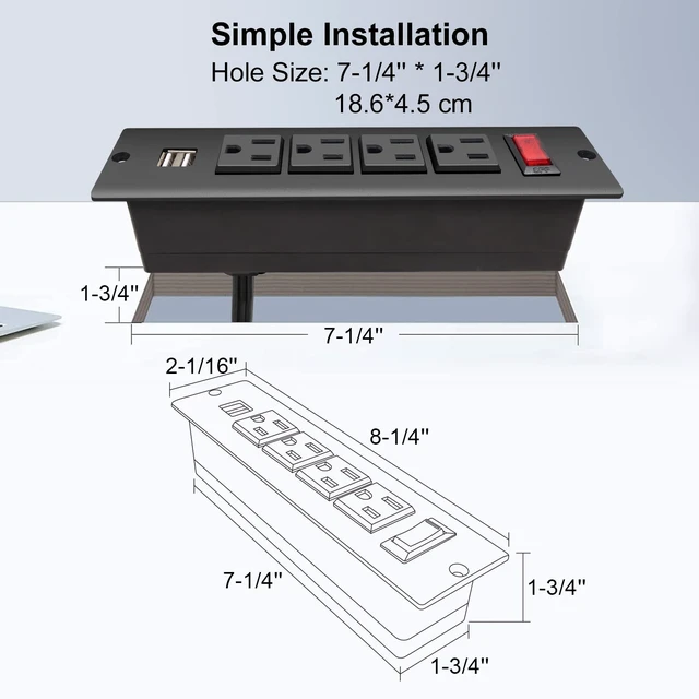 Alt view image 3 of 6 - Recessed Power Strip with USB Flush Mount Power Outlet Built in Desktop Power Extension Cord Plug for Countertop Kitchen Drawer Conference Cabinet Nightstand Desk