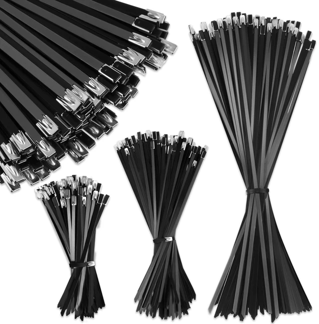 Main image of 300 Pcs 6", 10", 14" Black 304 Stainless Steel Zip Ties Heavy Duty Self Locking Metal Cables, Epoxy Coated for Exhaust Wrap Outdoor Fence, Machinery Vehicles Farm Multi Purpose