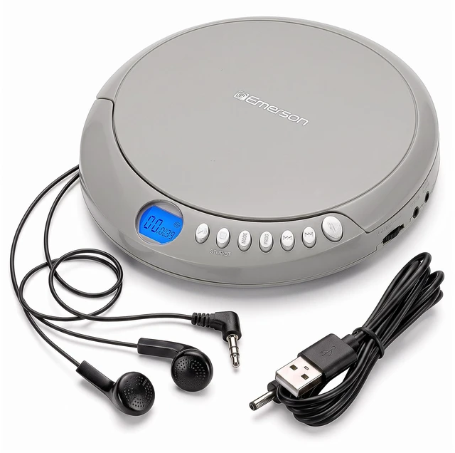 Main image of EPCD-2003 Portable Bluetooth CD Player with FM Radio - Gray AudioStream Bluetooth 5.3 Out. 60-Second Anti-Shock. 20-Track Memory. Backlit LCD. Earphones Included. Micro-USB or AA Power