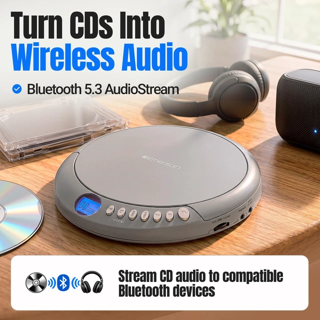 Alt view image 2 of 7 - EPCD-2003 Portable Bluetooth CD Player with FM Radio - Gray AudioStream Bluetooth 5.3 Out. 60-Second Anti-Shock. 20-Track Memory. Backlit LCD. Earphones Included. Micro-USB or AA Power