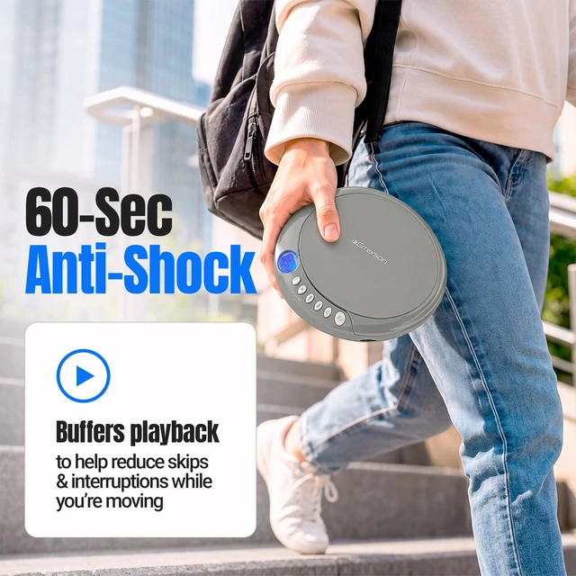Alt view image 3 of 7 - EPCD-2003 Portable Bluetooth CD Player with FM Radio - Gray AudioStream Bluetooth 5.3 Out. 60-Second Anti-Shock. 20-Track Memory. Backlit LCD. Earphones Included. Micro-USB or AA Power