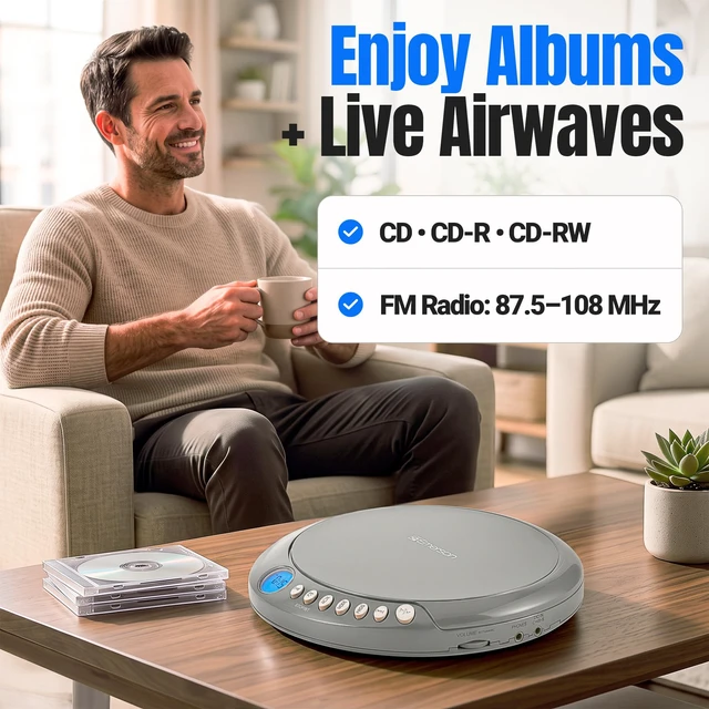 Alt view image 4 of 7 - EPCD-2003 Portable Bluetooth CD Player with FM Radio - Gray AudioStream Bluetooth 5.3 Out. 60-Second Anti-Shock. 20-Track Memory. Backlit LCD. Earphones Included. Micro-USB or AA Power
