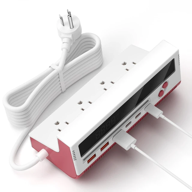 Main image of 10-in-1 USB Charging Station, 4 Outlets Power Strip with 6 USB, 5 FT Long Extension Cord, 45° Flat Plug, 20W Fast Mulit Charging Station for Home Office Travel Plug Extension Outlet (Red)