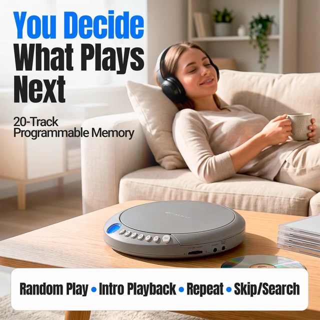 Alt view image 5 of 7 - EPCD-2003 Portable Bluetooth CD Player with FM Radio - Gray AudioStream Bluetooth 5.3 Out. 60-Second Anti-Shock. 20-Track Memory. Backlit LCD. Earphones Included. Micro-USB or AA Power