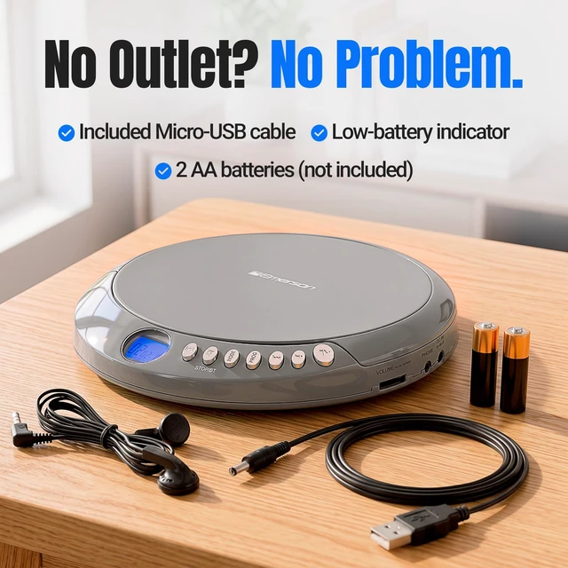 Alt view image 6 of 7 - EPCD-2003 Portable Bluetooth CD Player with FM Radio - Gray AudioStream Bluetooth 5.3 Out. 60-Second Anti-Shock. 20-Track Memory. Backlit LCD. Earphones Included. Micro-USB or AA Power
