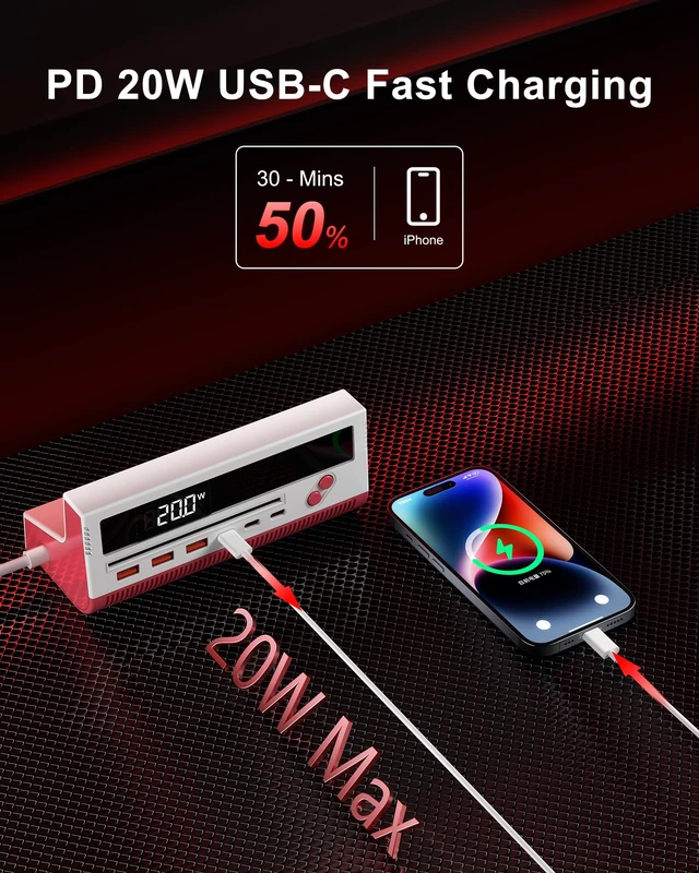Alt view image 3 of 7 - 10-in-1 USB Charging Station, 4 Outlets Power Strip with 6 USB, 5 FT Long Extension Cord, 45° Flat Plug, 20W Fast Mulit Charging Station for Home Office Travel Plug Extension Outlet (Red)