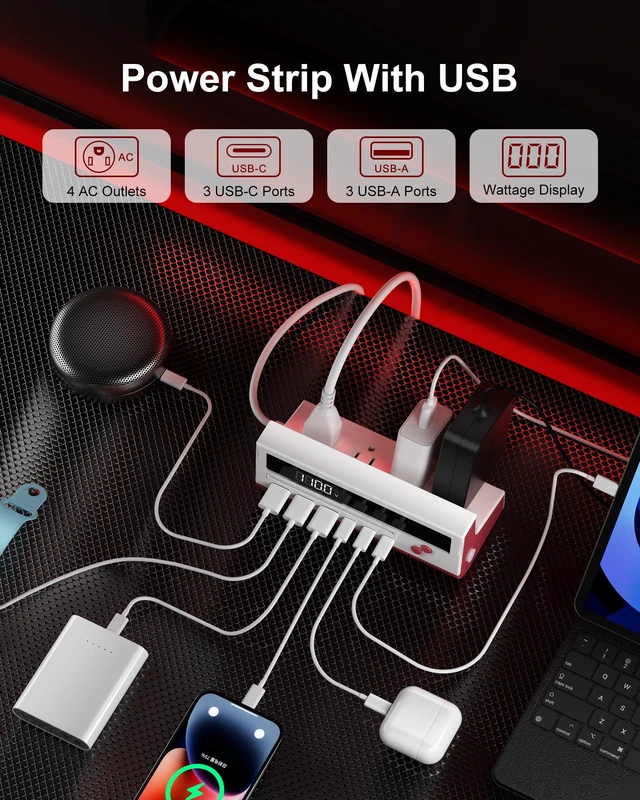 Alt view image 2 of 7 - 10-in-1 USB Charging Station, 4 Outlets Power Strip with 6 USB, 5 FT Long Extension Cord, 45° Flat Plug, 20W Fast Mulit Charging Station for Home Office Travel Plug Extension Outlet (Red)