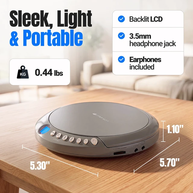 Alt view image 7 of 7 - EPCD-2003 Portable Bluetooth CD Player with FM Radio - Gray AudioStream Bluetooth 5.3 Out. 60-Second Anti-Shock. 20-Track Memory. Backlit LCD. Earphones Included. Micro-USB or AA Power
