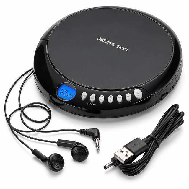 Main image of EPCD-2003 Portable Bluetooth CD Player with FM Radio - Black AudioStream Bluetooth 5.3 Out. 60-Second Anti-Shock. 20-Track Memory. Backlit LCD. Earphones Included. Micro-USB or AA Power