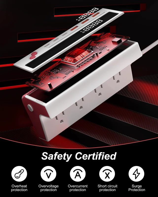 Alt view image 7 of 7 - 10-in-1 USB Charging Station, 4 Outlets Power Strip with 6 USB, 5 FT Long Extension Cord, 45° Flat Plug, 20W Fast Mulit Charging Station for Home Office Travel Plug Extension Outlet (Red)