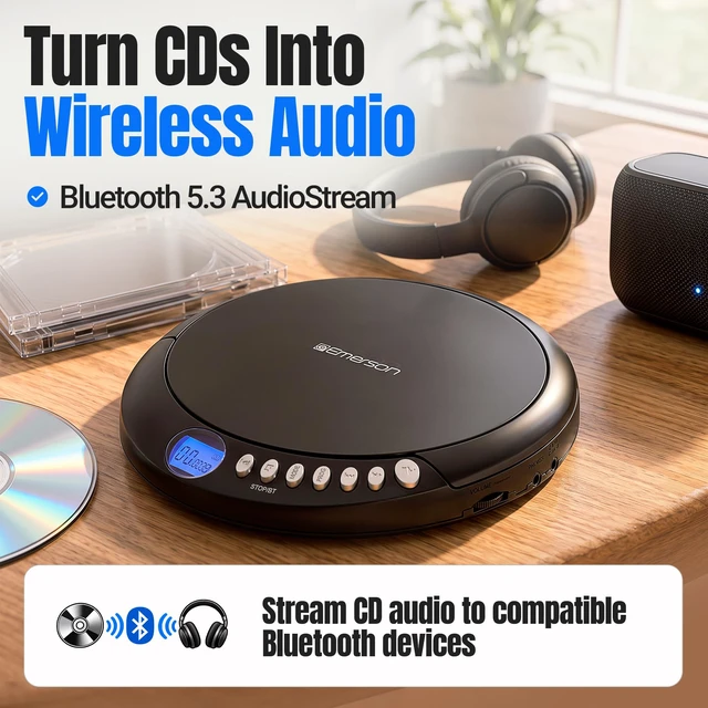 Alt view image 2 of 7 - EPCD-2003 Portable Bluetooth CD Player with FM Radio - Black AudioStream Bluetooth 5.3 Out. 60-Second Anti-Shock. 20-Track Memory. Backlit LCD. Earphones Included. Micro-USB or AA Power