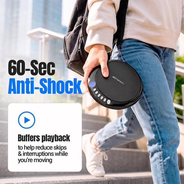 Alt view image 3 of 7 - EPCD-2003 Portable Bluetooth CD Player with FM Radio - Black AudioStream Bluetooth 5.3 Out. 60-Second Anti-Shock. 20-Track Memory. Backlit LCD. Earphones Included. Micro-USB or AA Power