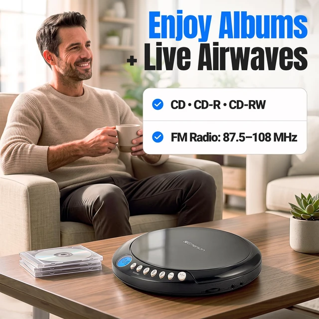 Alt view image 4 of 7 - EPCD-2003 Portable Bluetooth CD Player with FM Radio - Black AudioStream Bluetooth 5.3 Out. 60-Second Anti-Shock. 20-Track Memory. Backlit LCD. Earphones Included. Micro-USB or AA Power
