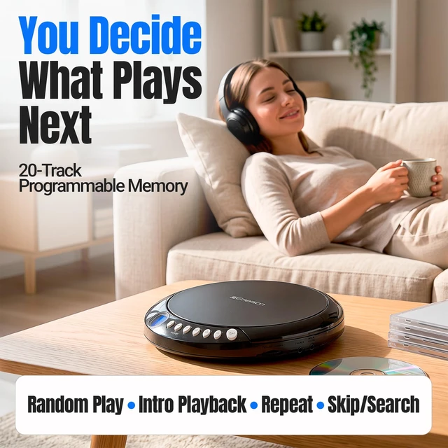 Alt view image 5 of 7 - EPCD-2003 Portable Bluetooth CD Player with FM Radio - Black AudioStream Bluetooth 5.3 Out. 60-Second Anti-Shock. 20-Track Memory. Backlit LCD. Earphones Included. Micro-USB or AA Power