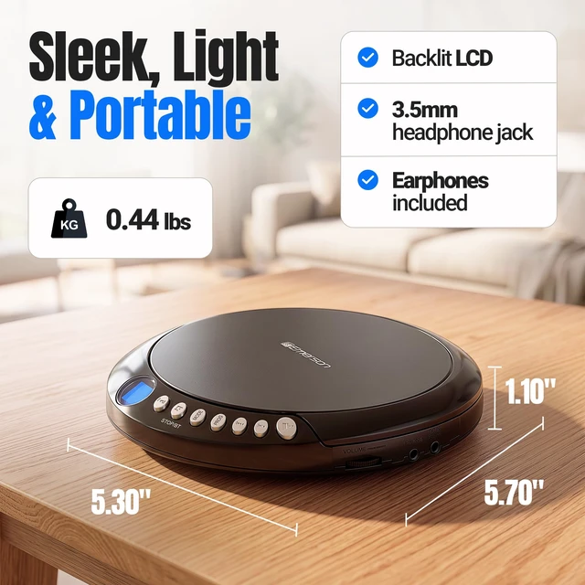 Alt view image 7 of 7 - EPCD-2003 Portable Bluetooth CD Player with FM Radio - Black AudioStream Bluetooth 5.3 Out. 60-Second Anti-Shock. 20-Track Memory. Backlit LCD. Earphones Included. Micro-USB or AA Power