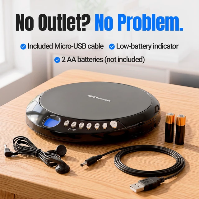 Alt view image 6 of 7 - EPCD-2003 Portable Bluetooth CD Player with FM Radio - Black AudioStream Bluetooth 5.3 Out. 60-Second Anti-Shock. 20-Track Memory. Backlit LCD. Earphones Included. Micro-USB or AA Power