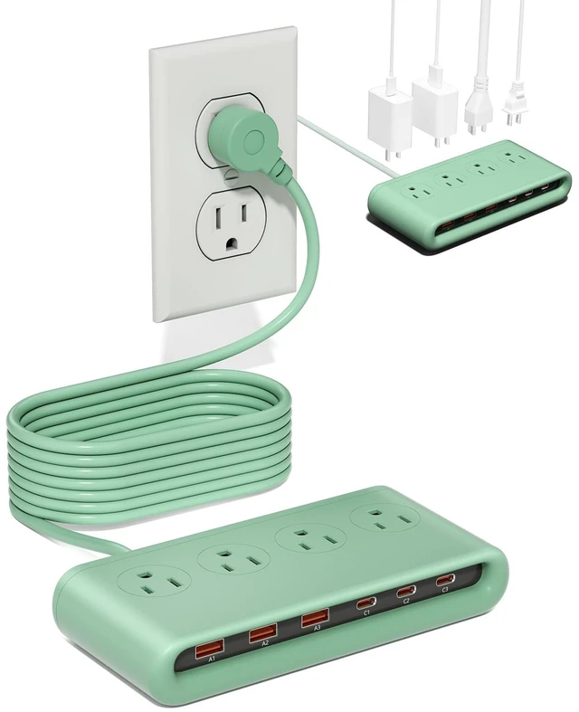 Main image of 10 in 1 Travel Power Strip, 5ft Extension Cord with Multiple Outlets 4 AC, 3 USB C, 3 USB A, Flat Plug Power Strip, PD20W Charging Station with Multiple Outlets, Cruise Essentials, ETL Listed