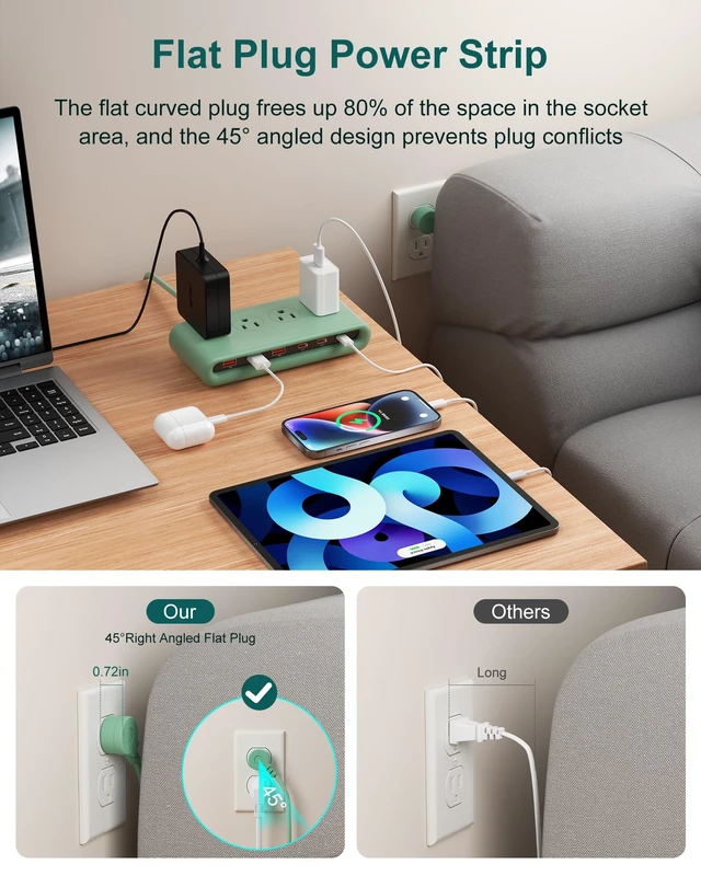Alt view image 2 of 7 - 10 in 1 Travel Power Strip, 5ft Extension Cord with Multiple Outlets 4 AC, 3 USB C, 3 USB A, Flat Plug Power Strip, PD20W Charging Station with Multiple Outlets, Cruise Essentials, ETL Listed