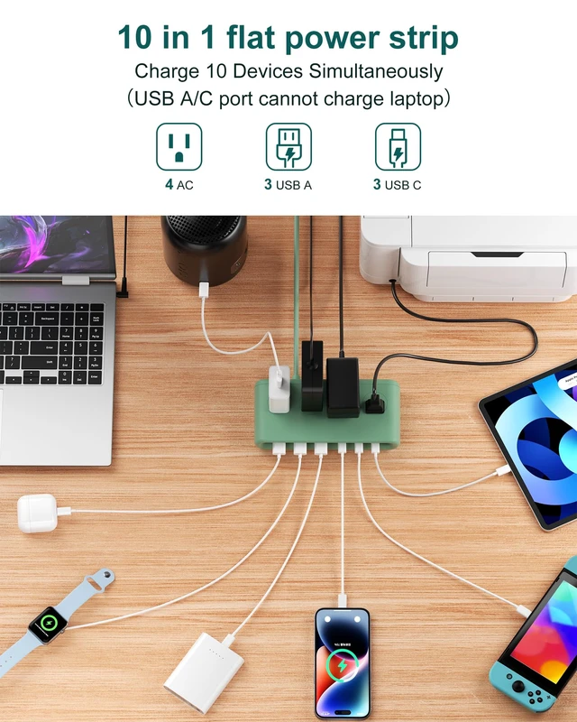 Alt view image 3 of 7 - 10 in 1 Travel Power Strip, 5ft Extension Cord with Multiple Outlets 4 AC, 3 USB C, 3 USB A, Flat Plug Power Strip, PD20W Charging Station with Multiple Outlets, Cruise Essentials, ETL Listed